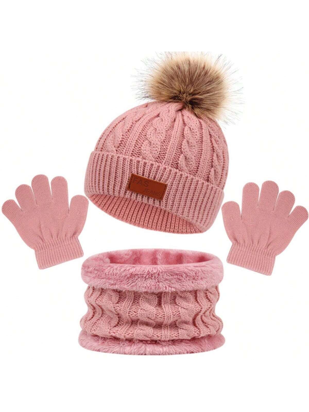 3pcs Kids Knitted Thermal Beanie Hat & Gloves & Scarf Set For Winter