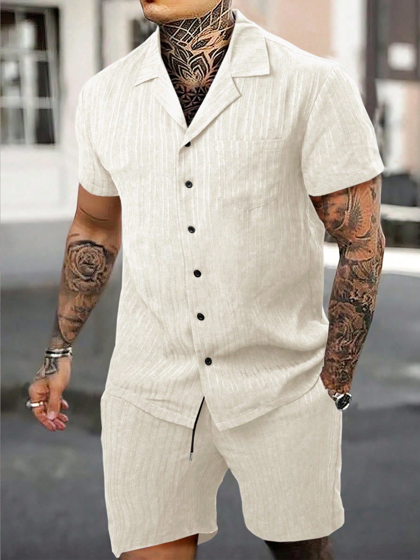 Men Solid Lapel Neck Shirt & Shorts