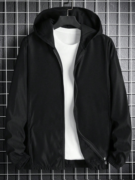 Men 1pc Solid Zip Up Hooded Jacket