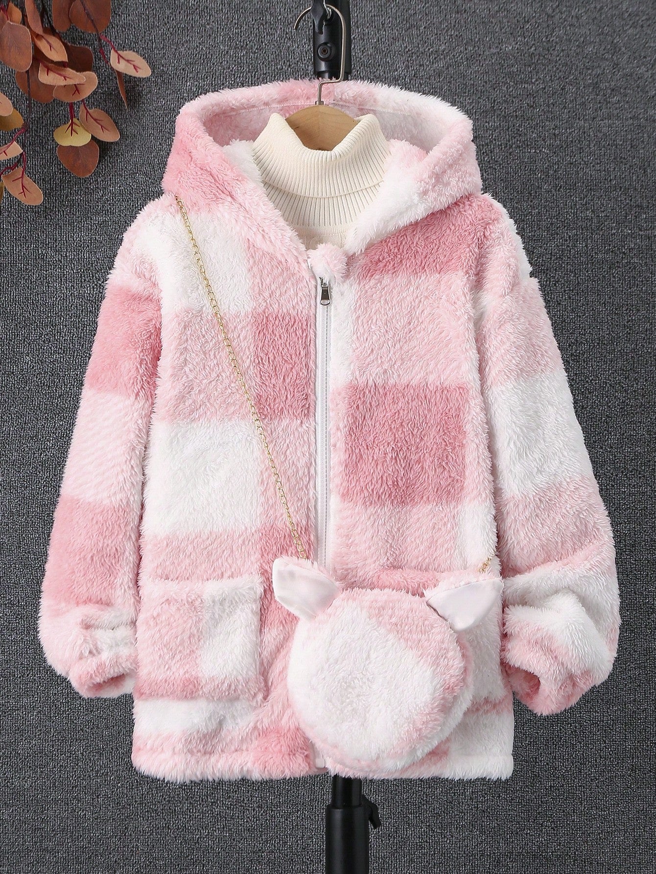 Tween Girl Buffalo Plaid Pattern Drop Shoulder Hooded Teddy Coat With Bag