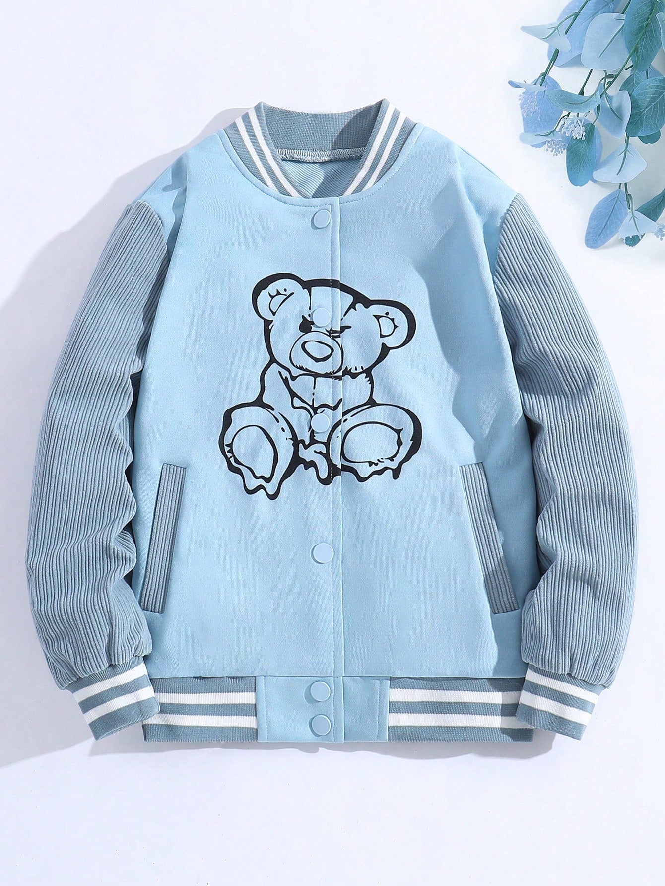 Tween Girl Bear Print Striped Trim Varsity Jacket