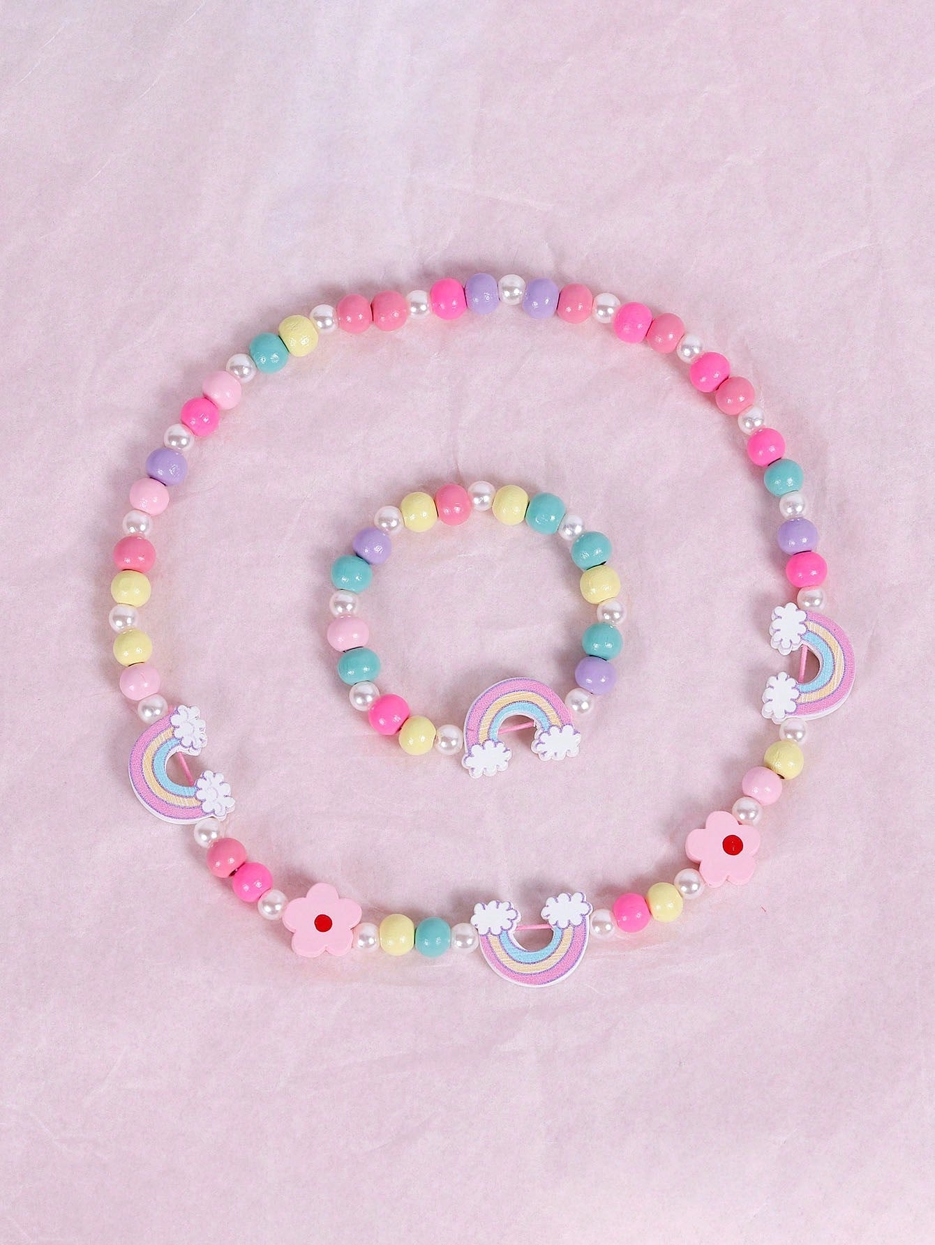 2pcs/set Baby/toddler/little Girls' European & American Style Vintage Cute Princess Themed Bracelet/necklace Set, Featuring Macaron Colors, Wooden, Mermaid, Rainbow, Butterfly, Unicorn, Lamb, Alpaca, Heart Charm Pieces, Comes With A Mesh Bag, Suitable For