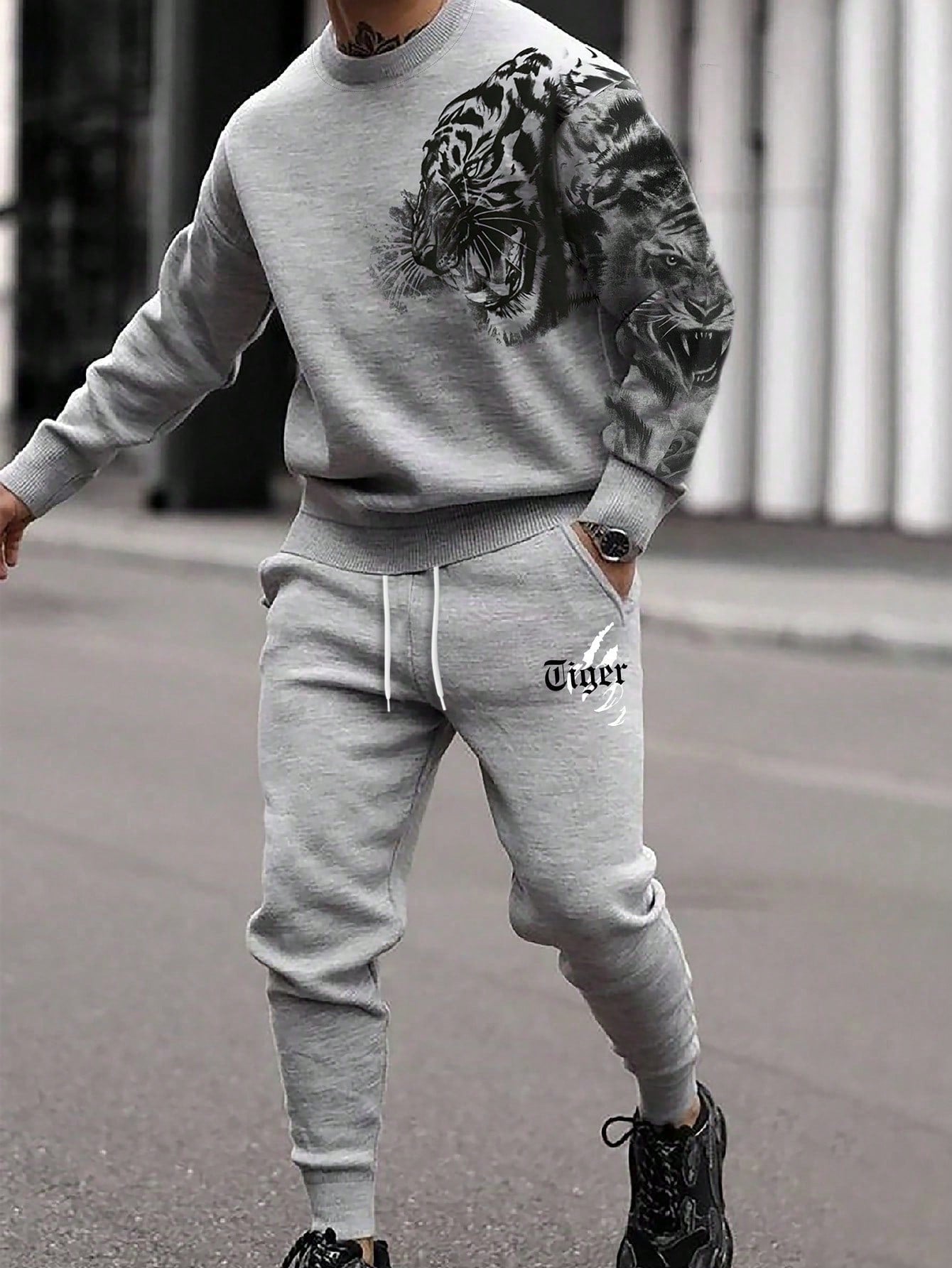 Men Tiger Print Sweatshirt & Drawstring Waist Sweatpants