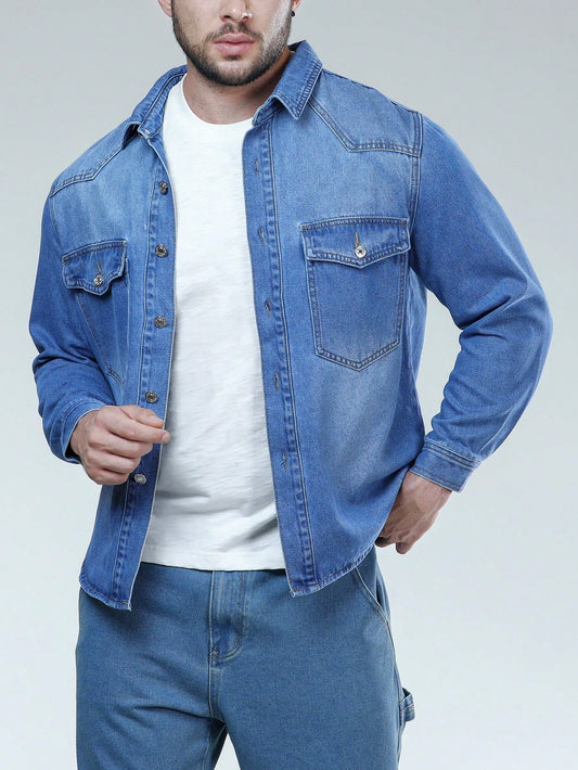 Men Plus Flap Pocket Denim Shirt