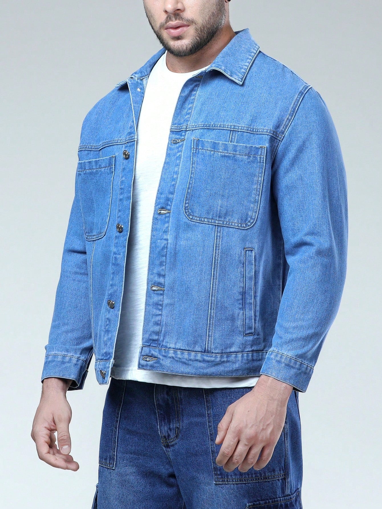 Men Plus Dual Pocket Button Front Denim Jacket