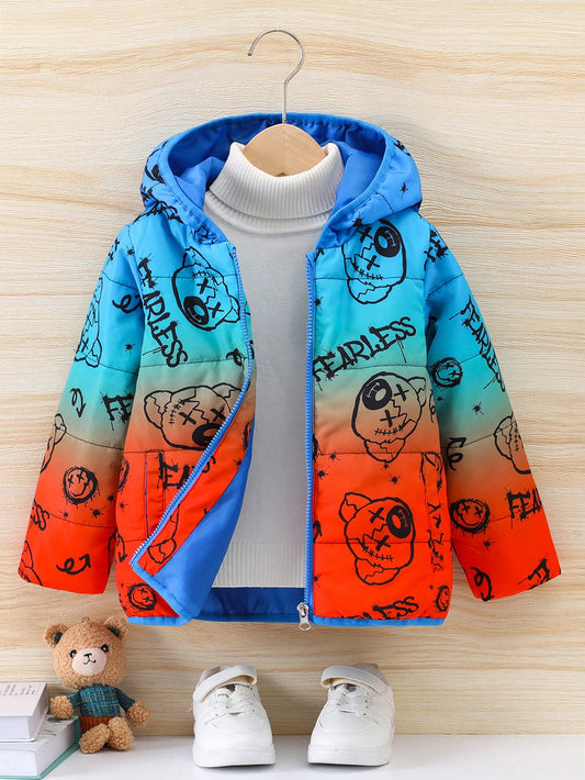 Young Boy Bear Print Zip Up Hooded Winter Coat Without Sweater