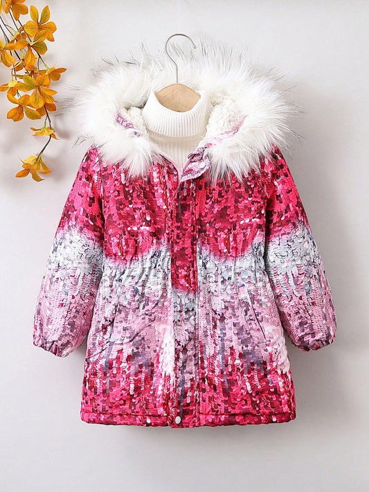 Young Girl Sequin Print Fuzzy Trim Hooded Parka Coat Without Sweater