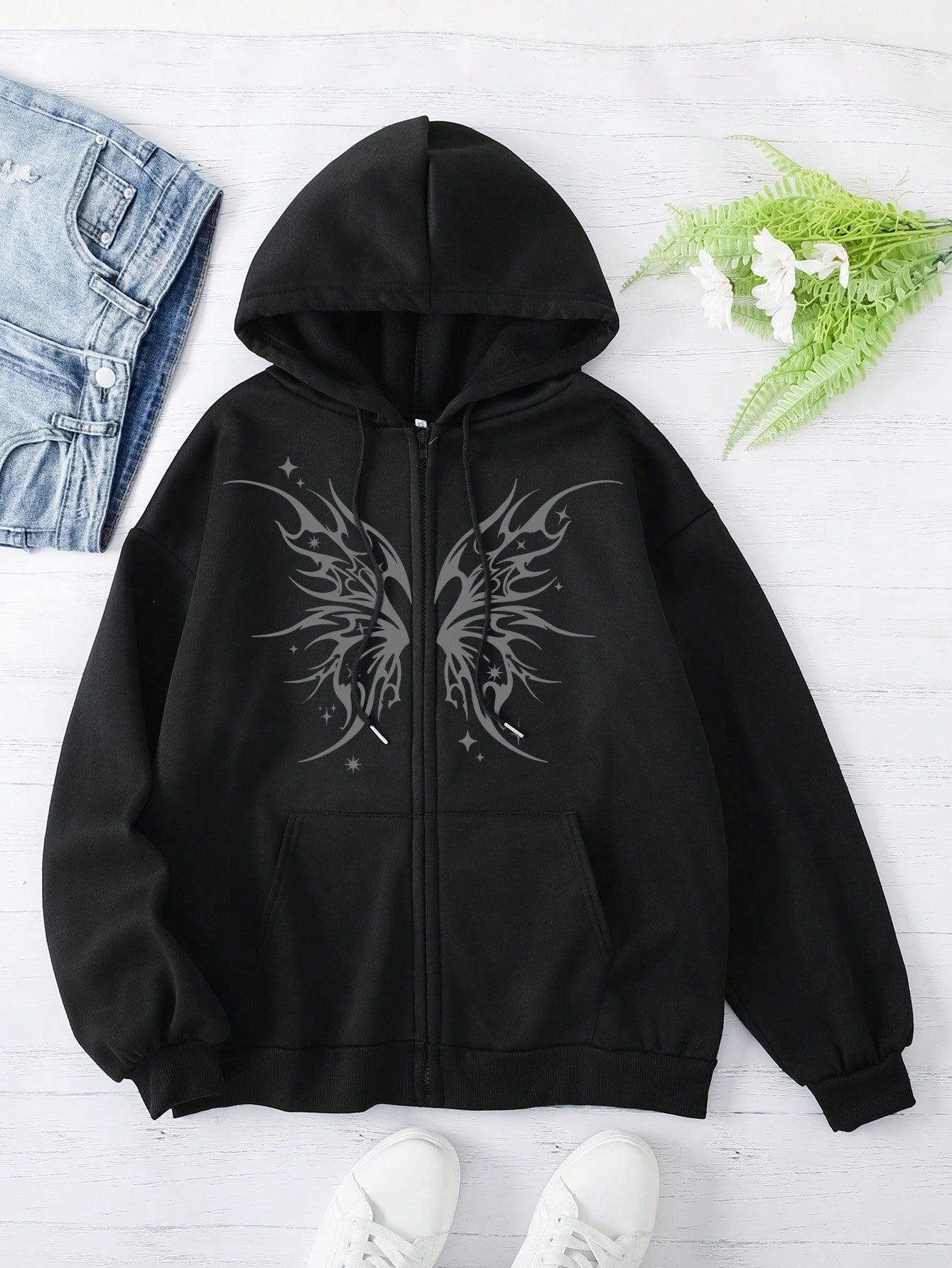 Plus Butterfly Print Zip Up Drawstring Thermal Lined Hoodie