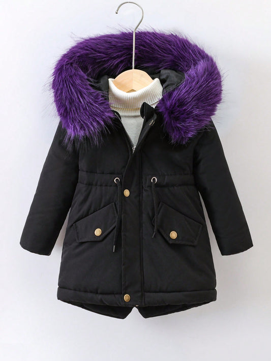 Young Girl 1pc Fuzzy Trim Hooded Thermal Lined Parka Coat