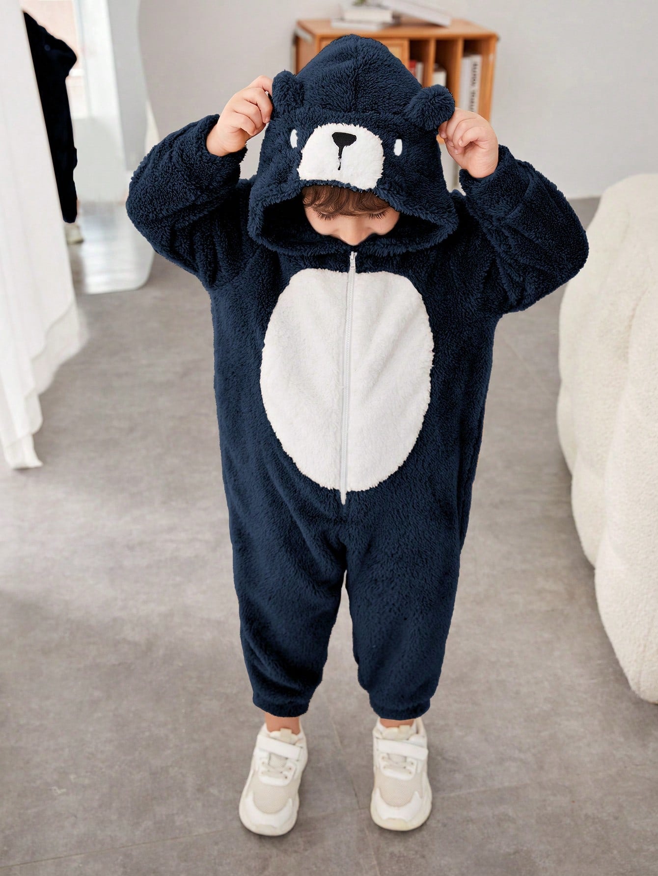 Cute Loose Comfortable Embroidered 3D Animal Design Fleece Jumpsuit For Young Boys