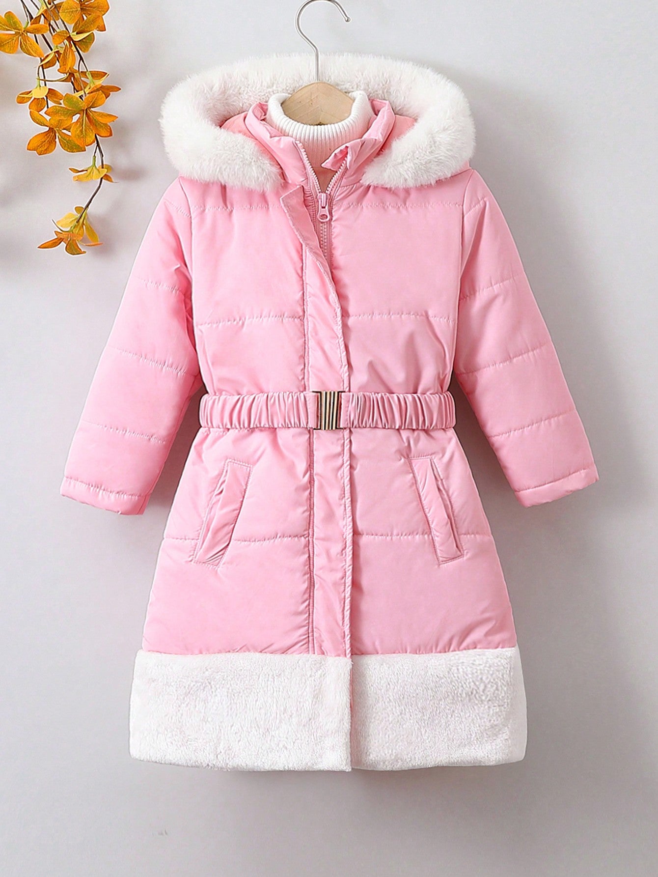 Young Girl 1pc Fuzzy Trim Hooded Belted Puffer Coat