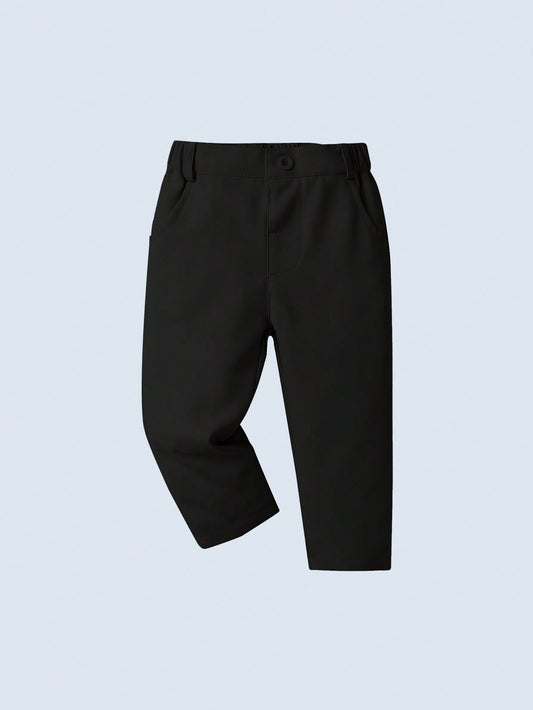 Young Boy Black Elastic Waist Long Pants, Solid Color Casual And Comfortable For Spring And Autumn Daily Wear