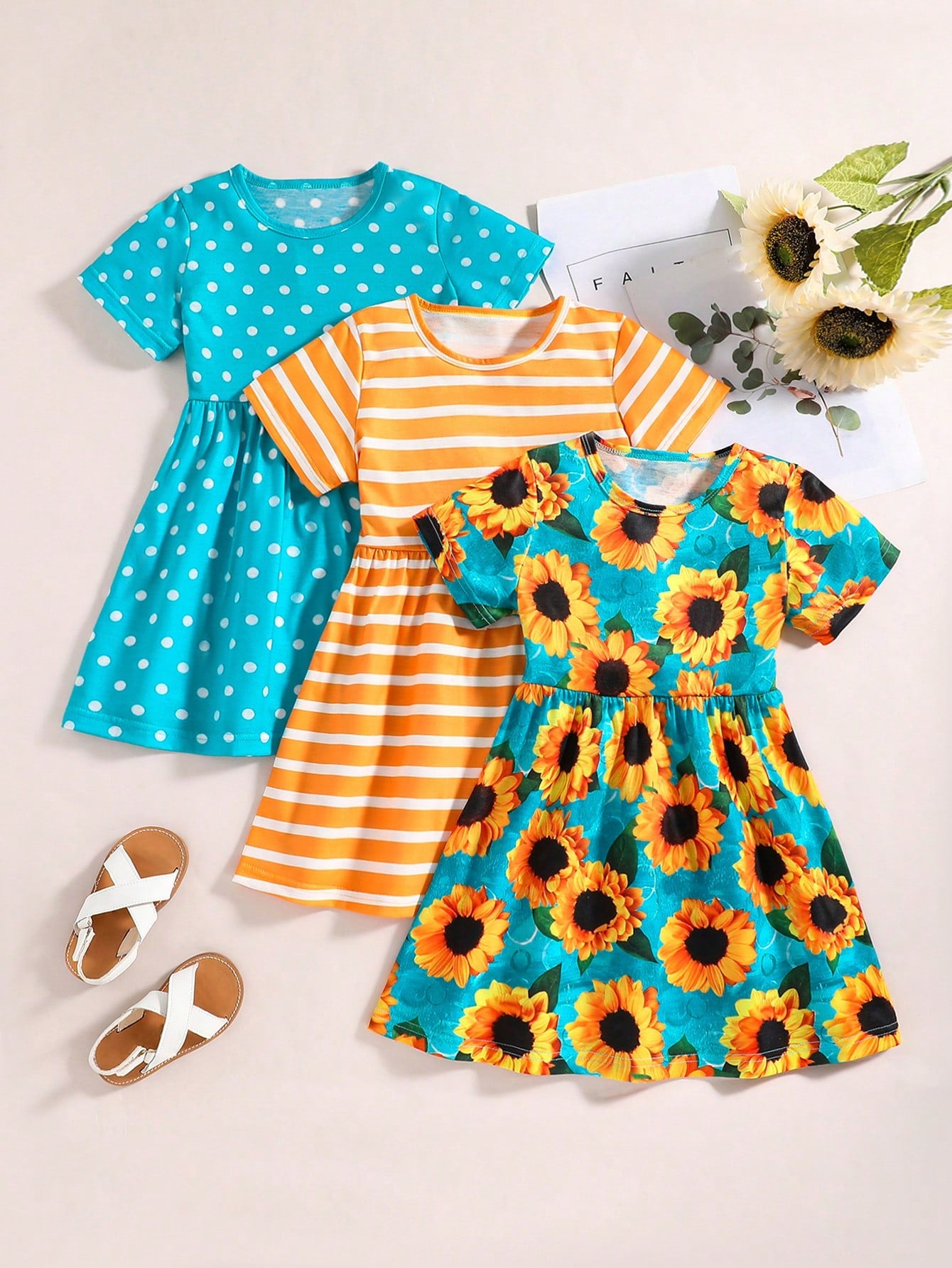 Young Girl 3pcs Striped & Sunflower Print Dress