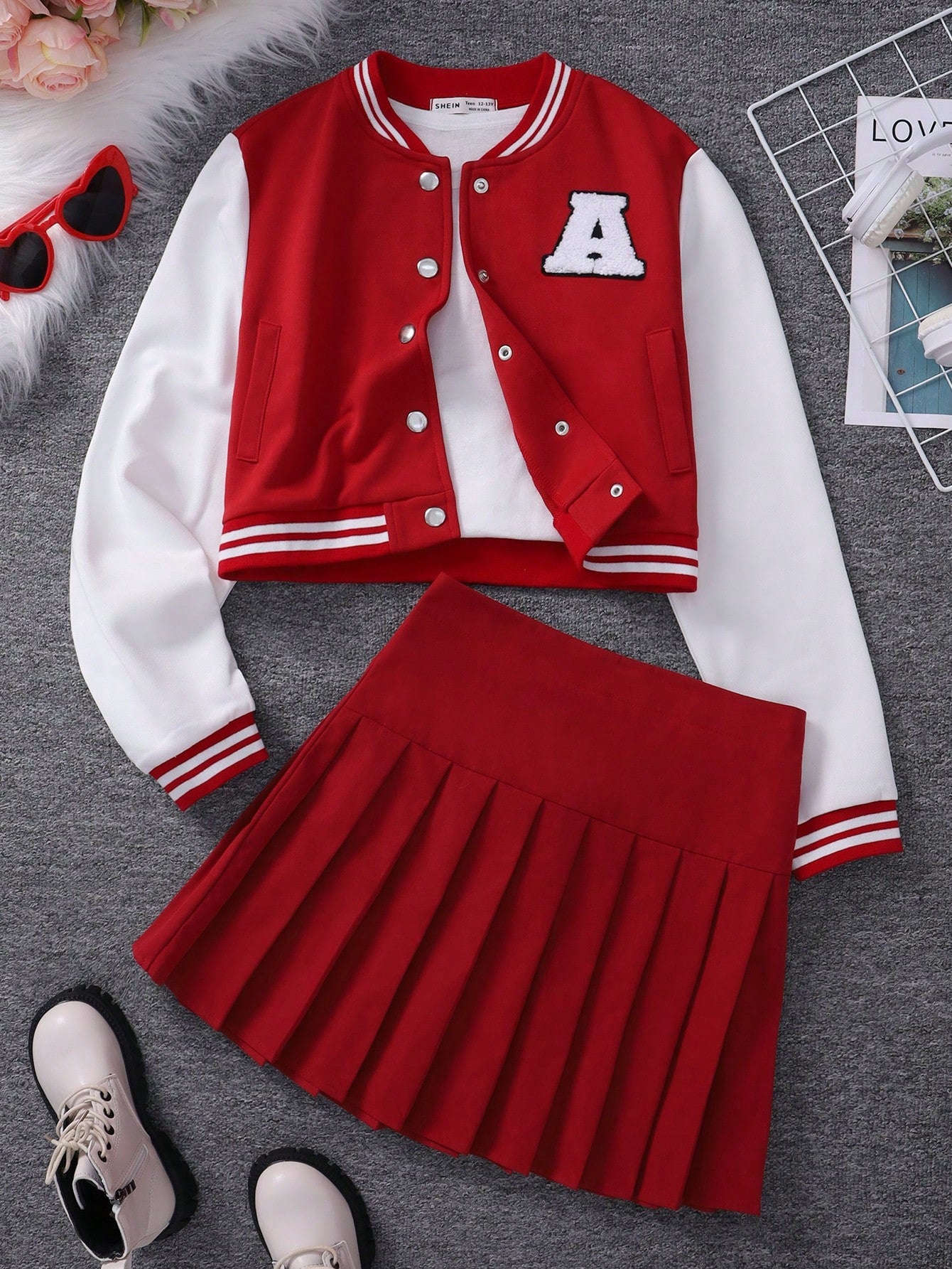 Teen Girl Baseball Jacket With Letter Embroidery And Pleated Skirt Set