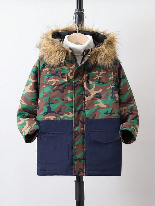 Young Boy Camo Print Fuzzy Trim Hooded Winter Coat Without Sweater