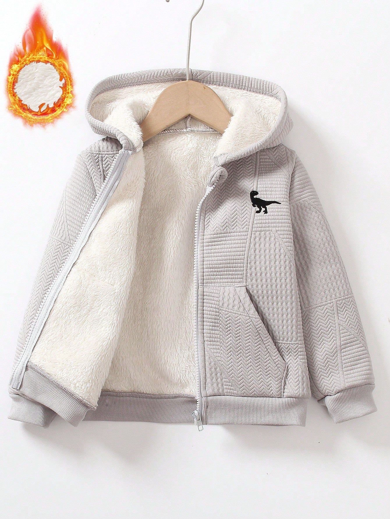 Young Boy Casual Geometric Floral Fabric Dinosaur Embroidered Hooded Zipper Fleece Pullover For Autumn And Winter