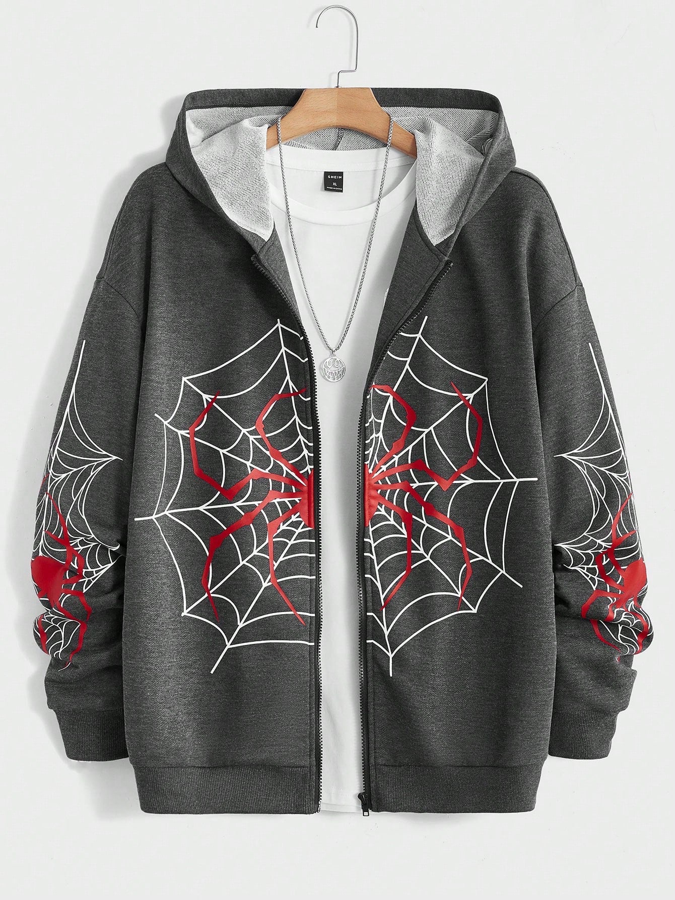 Loose-Fit Men's Spider Web Print Zip-Up Hoodie Without T-Shirt