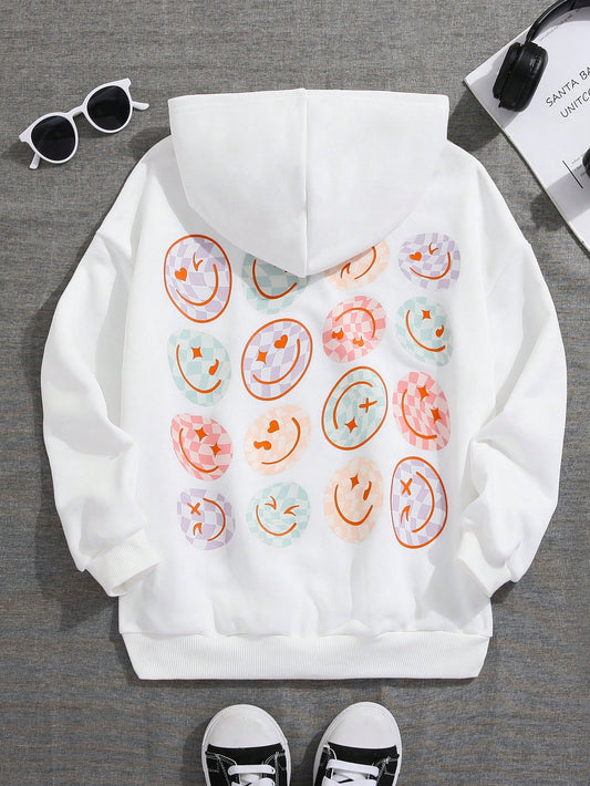 Tween Girl Knit Face Print Loose Fit Casual Sweatshirt With Round Neck