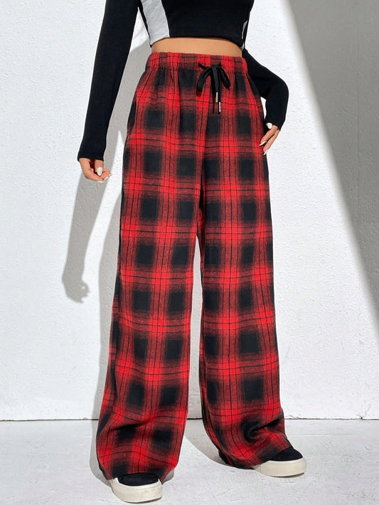 Summer Red Plaid Print Drawstring Waist Wide Leg Pants