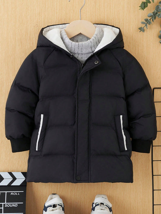 Young Boy Casual Warm Hooded Down Jacket, Pocket Detail And Zipper Closure For Autumn And Winter