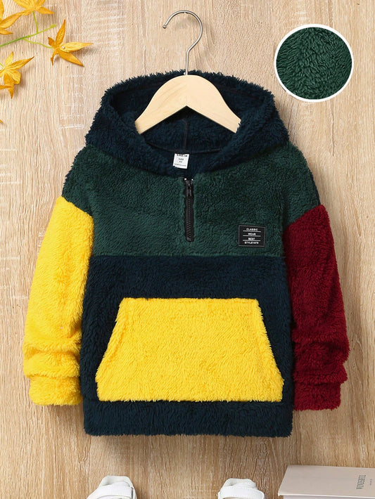 Young Boy Casual Loose Fit Colorblock Kangaroo Pocket Hoodie With Letter Patchwork And Drop Shoulder For Autumn And Winter