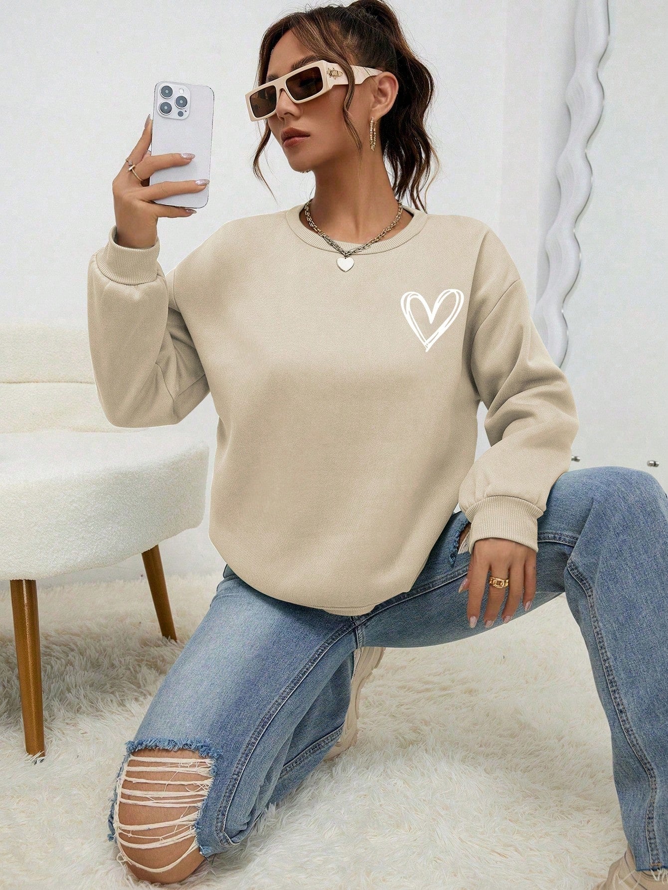 Heart Print Drop Shoulder Sweatshirt