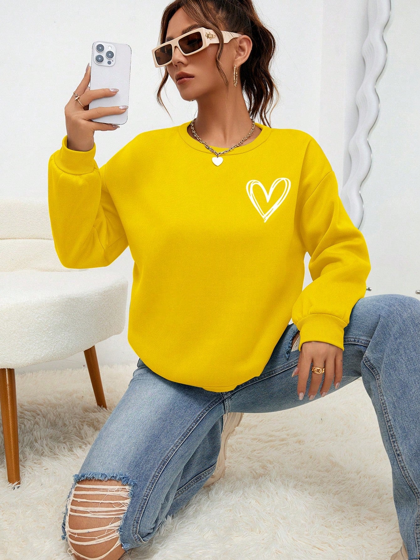 Heart Print Drop Shoulder Sweatshirt