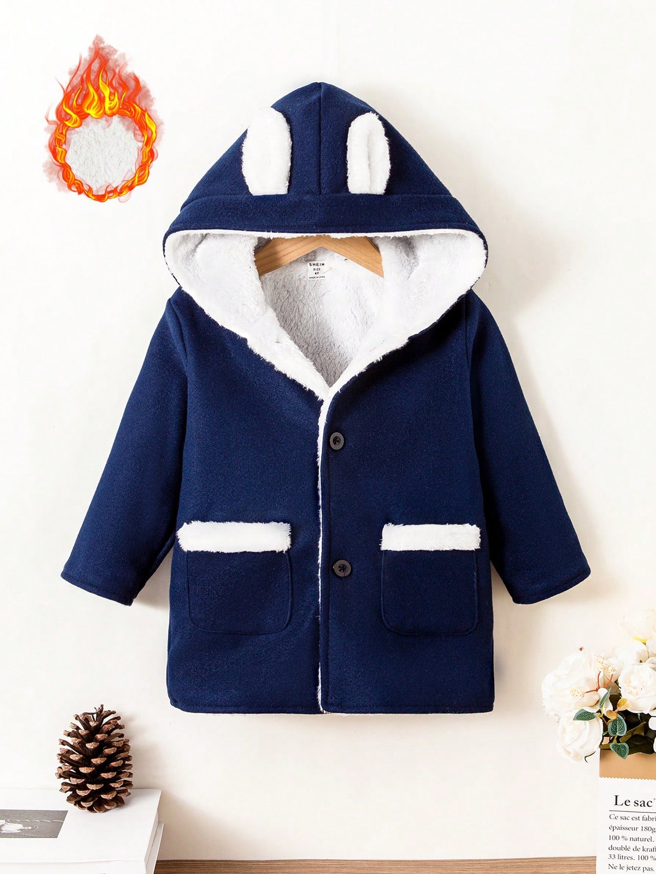 Young Boy 3D Ear Design Teddy Lined Hooded Coat