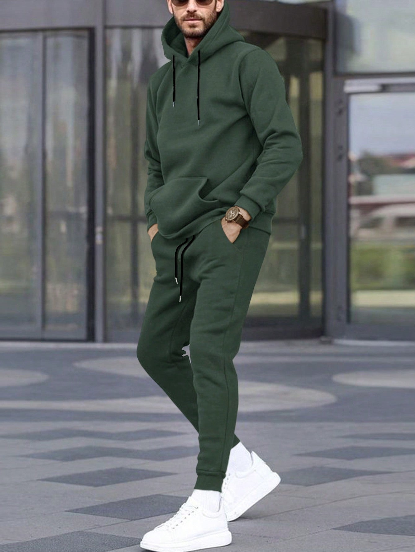 Men's Solid Color Drawstring Hoodie And Pants Set