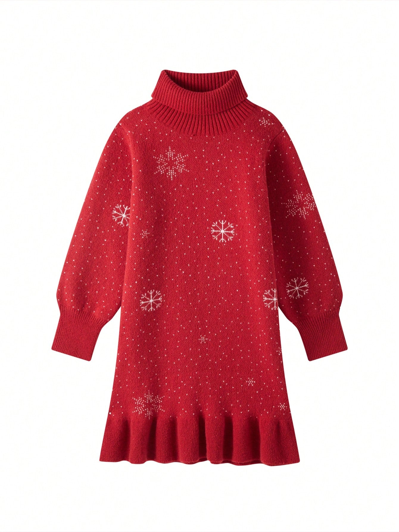 Cute Christmas Snowflake & Ruffle Detail High Neck Girls' Dress, Winter