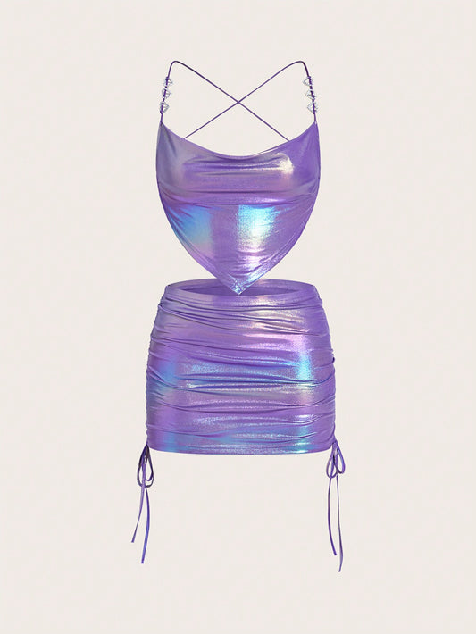 X Breakaway Holographic Hanky Hem Cami Top & Drawstring Side Skirt