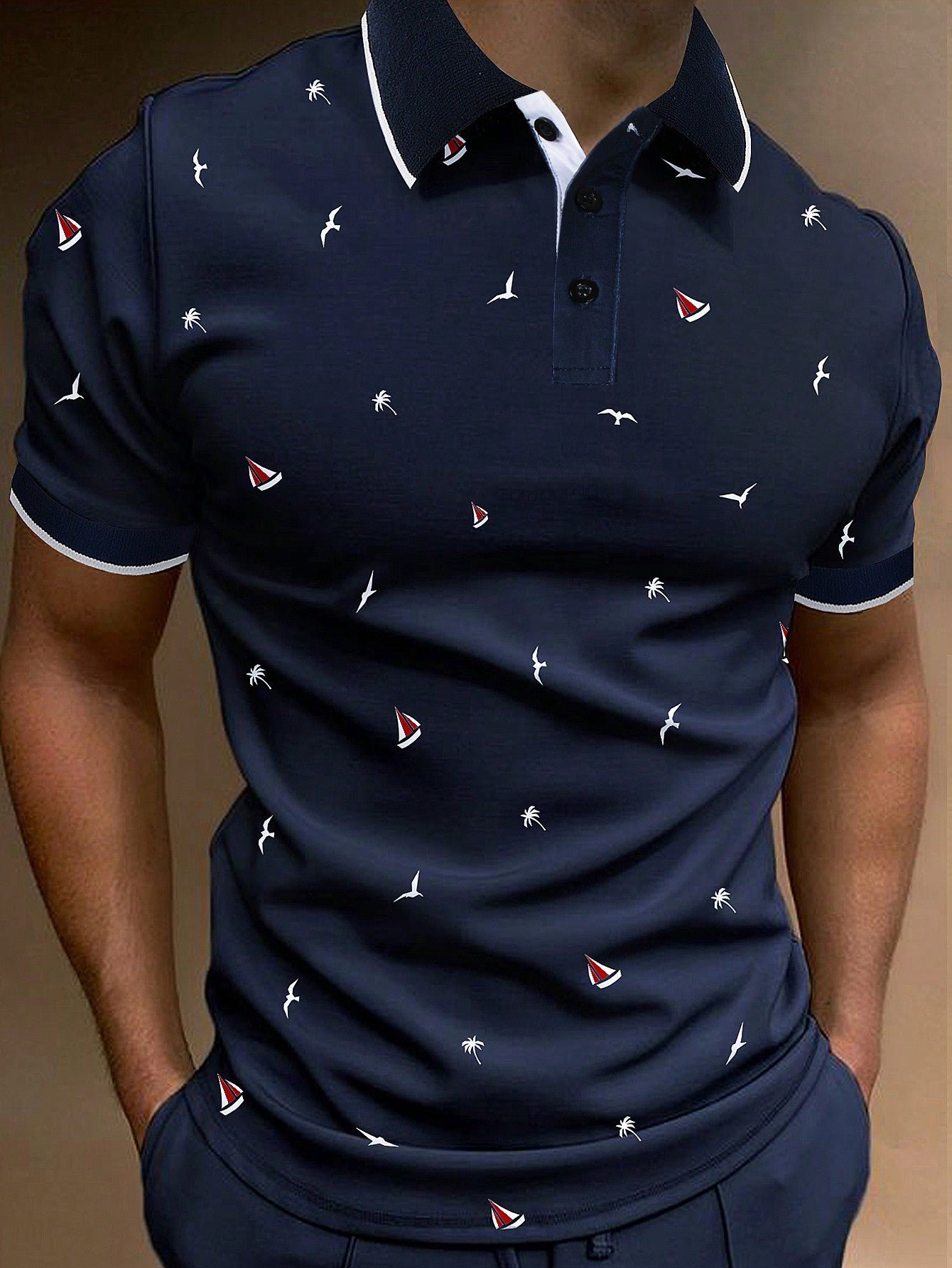 Men Allover Print Contrast Trim Polo Shirt