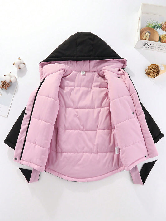 Young Girl Single Breasted Placket Hooded Belted Puffer Coat