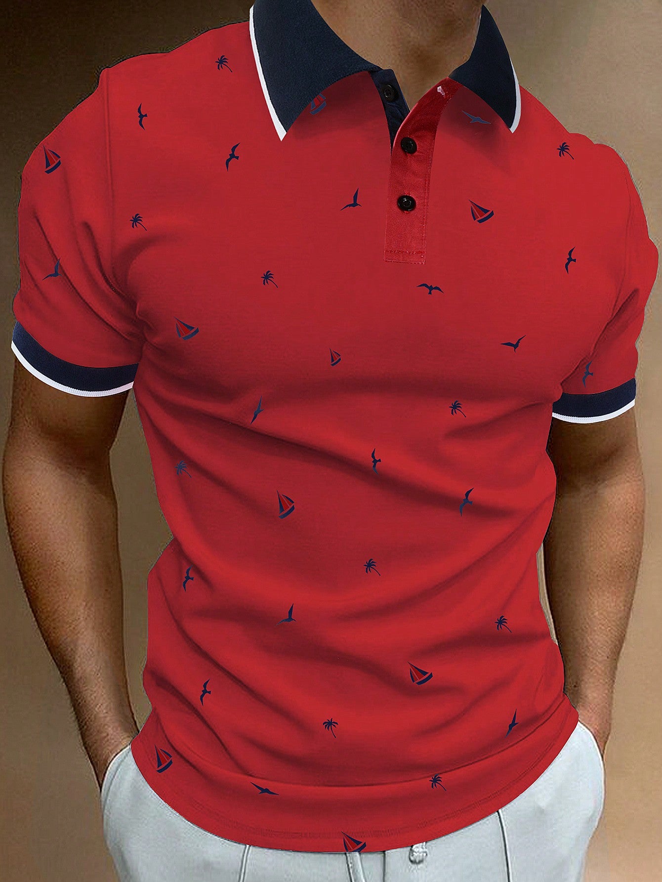 Men Allover Print Contrast Trim Polo Shirt