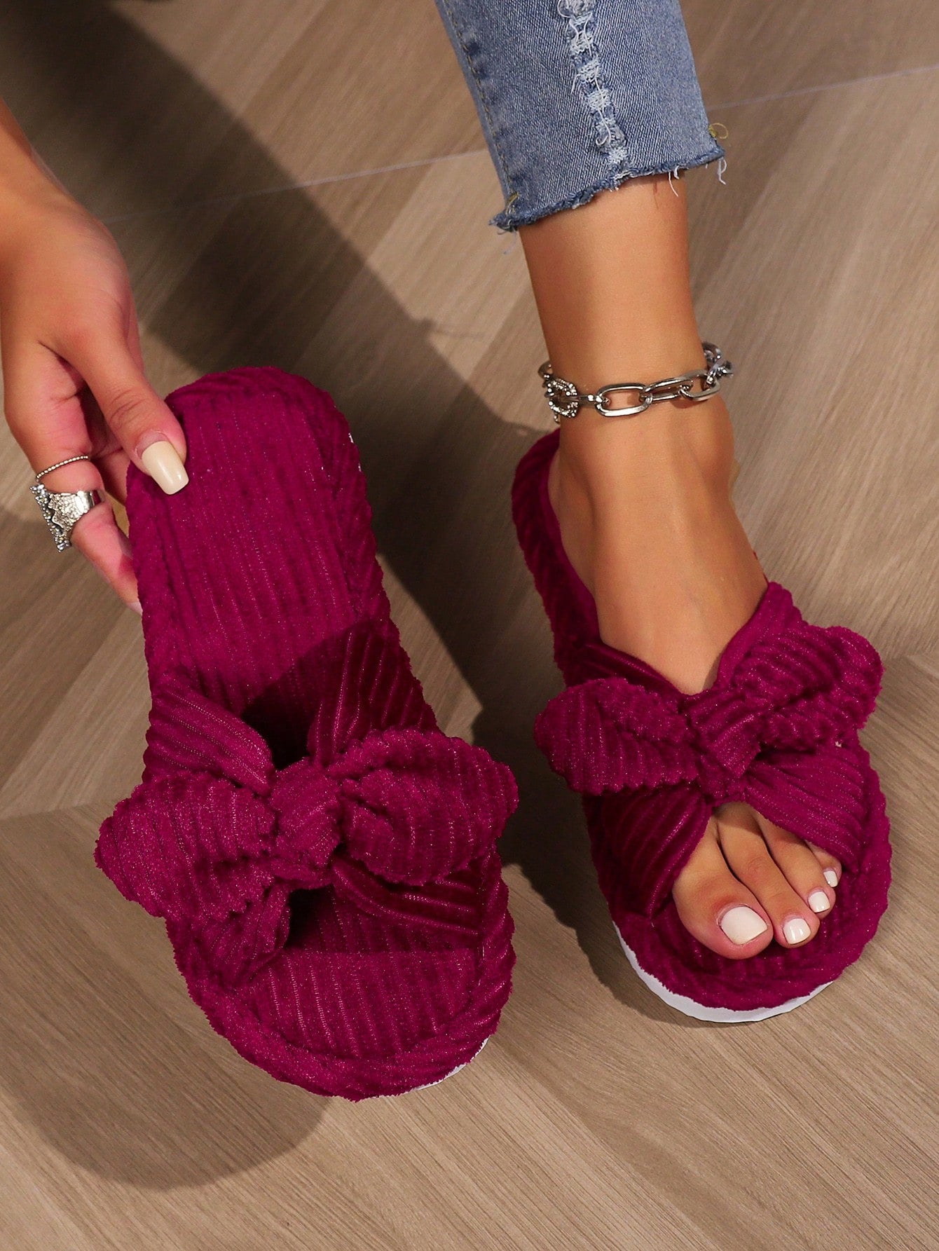 Red Bow Open Toe Slippers, Soft Indoor House Shoes With Quiet Wood Floor Bottoms For Spring And Autumn