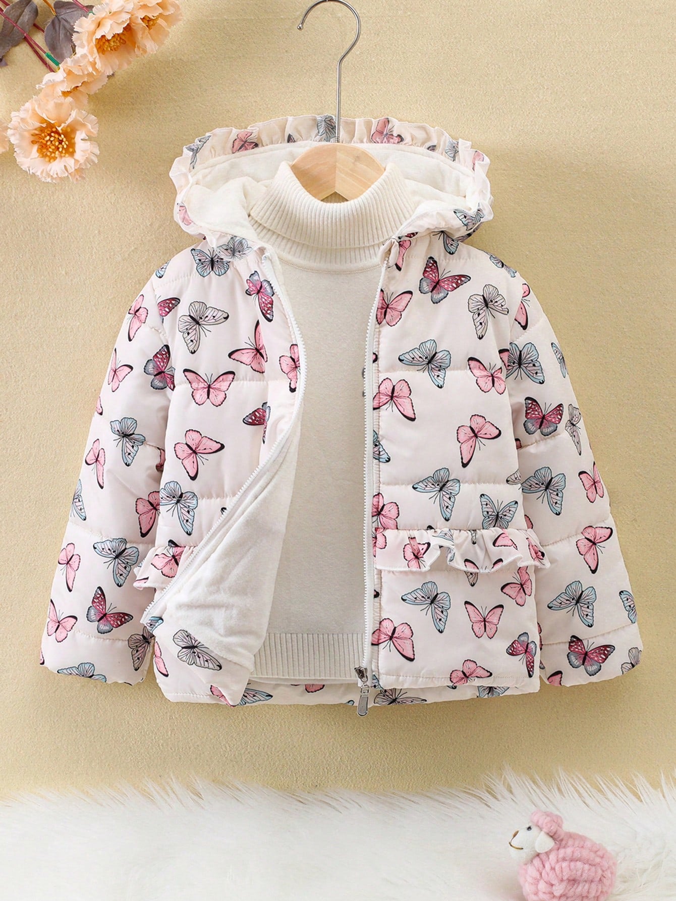 Young Girl 1pc Butterfly Print Hooded Puffer Coat