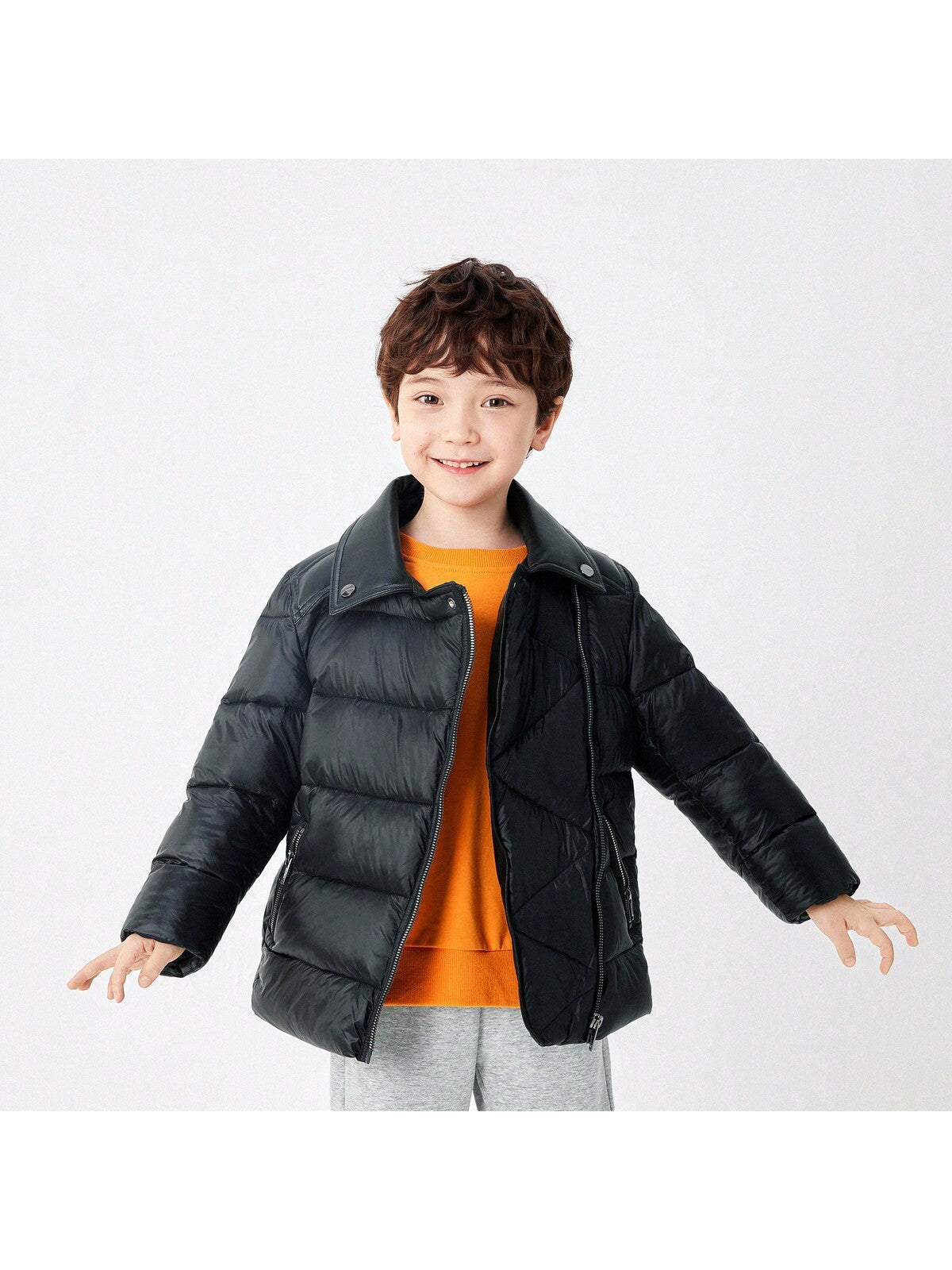 Young Boy Patchwork Fabric Lapel Slant Pocket Zipper Thermal Windproof Quilted Coat