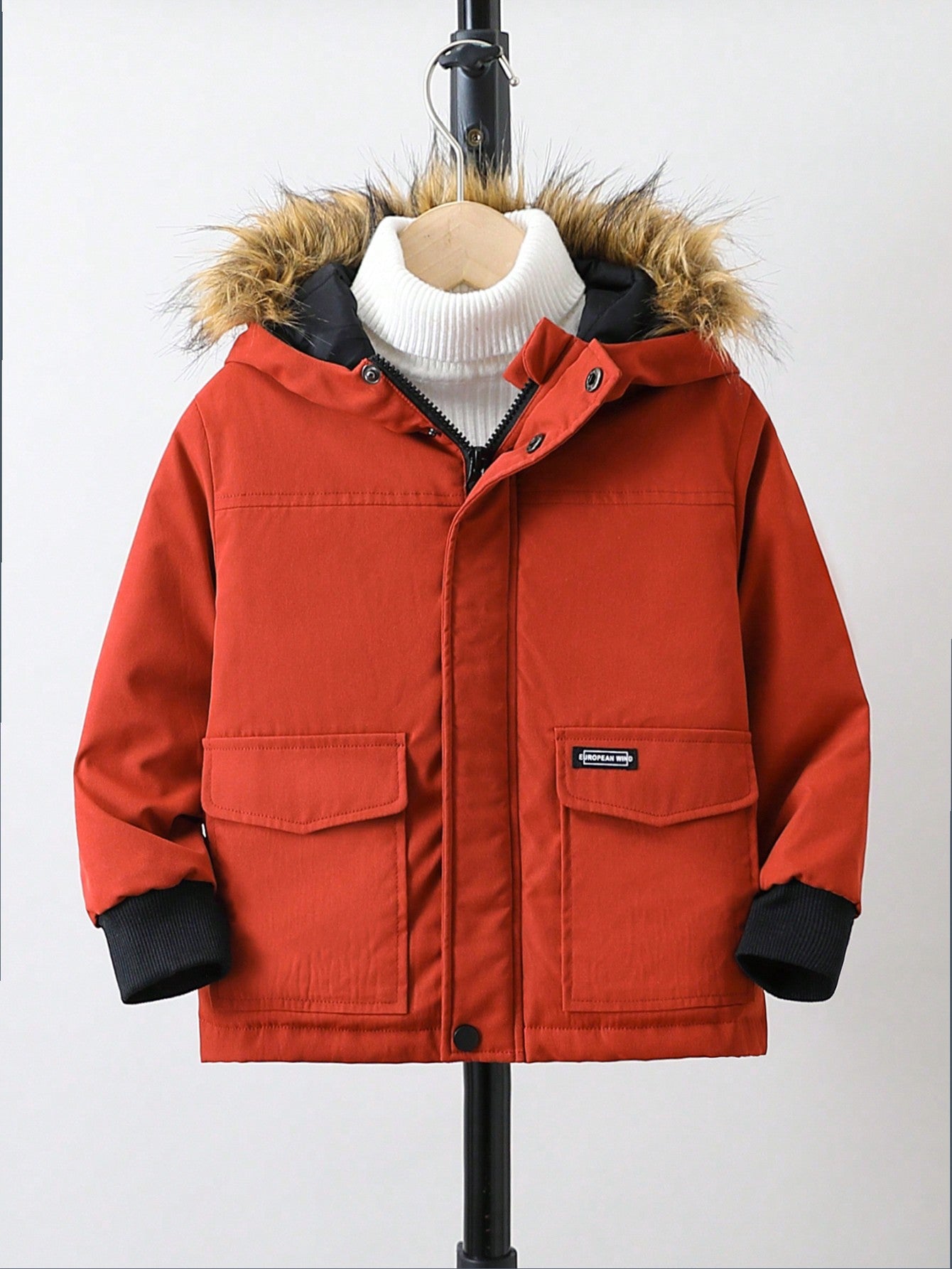 Young Boy Letter Patched Flap Pocket Fuzzy Trim Hooded Winter Coat Without Sweater