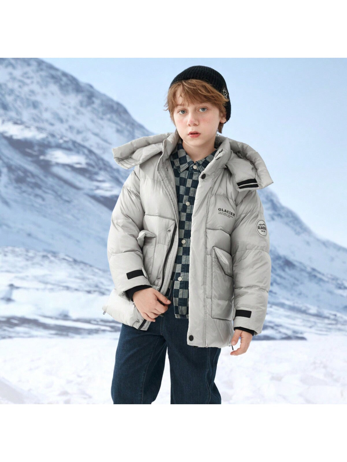 Tween Boy Flap Pocket Letter Patched Windproof And Waterproof Hooded Thermal Down Coat For Outdoors