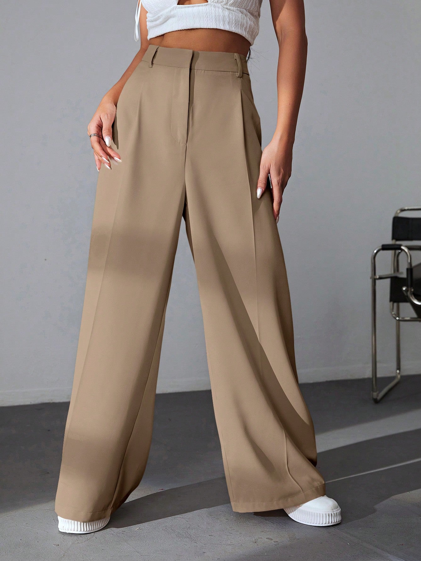 Solid Wide Leg Dress Pants