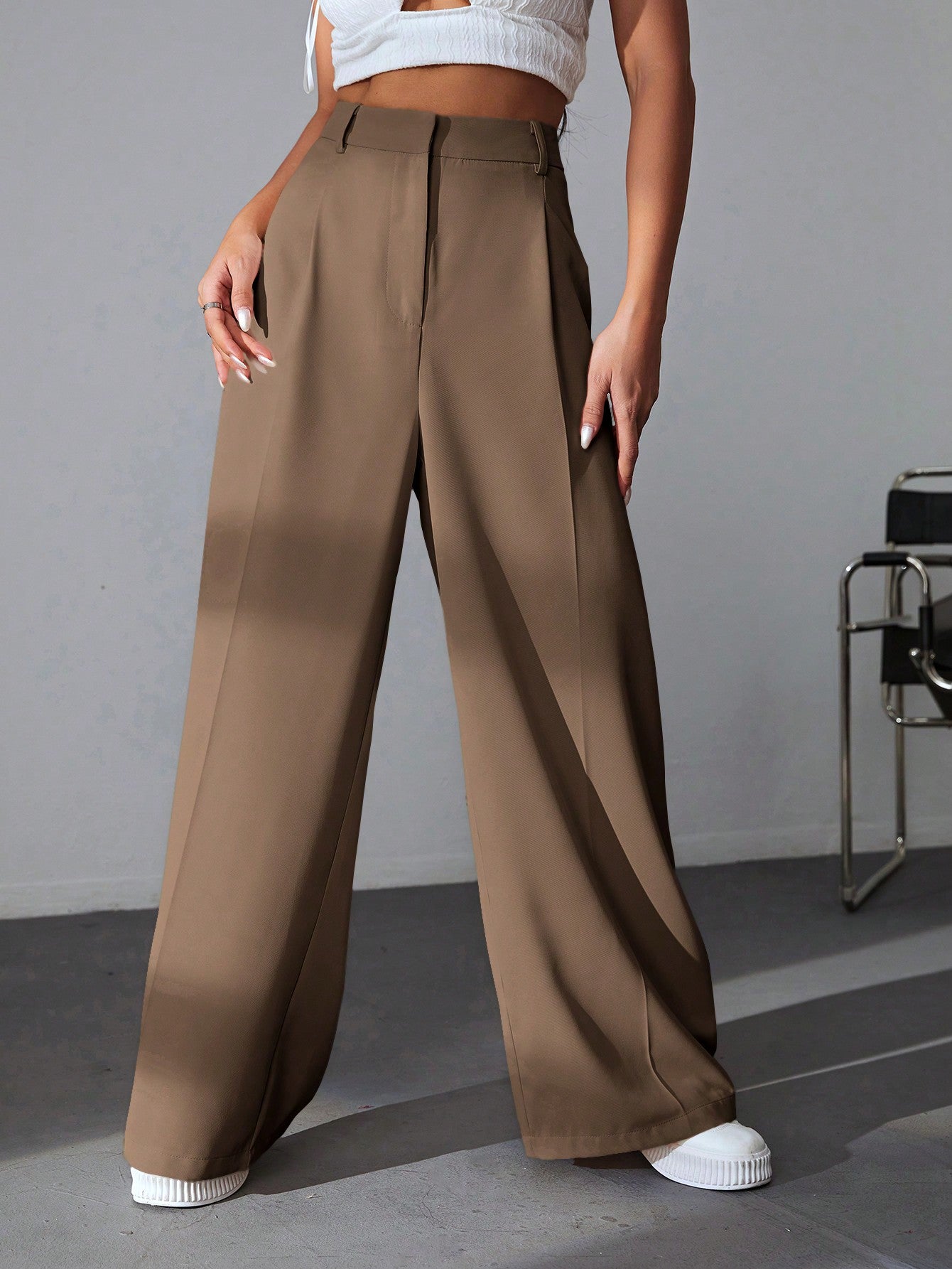 Solid Wide Leg Dress Pants