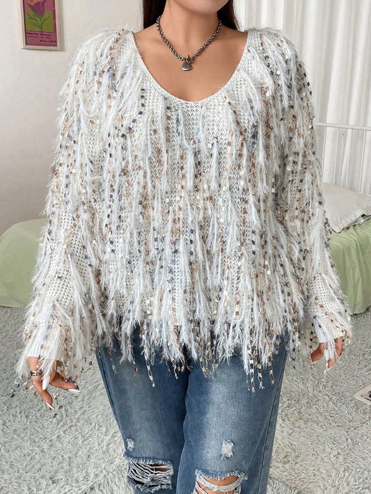 Plus Fringe Trim Drop Shoulder Sweater