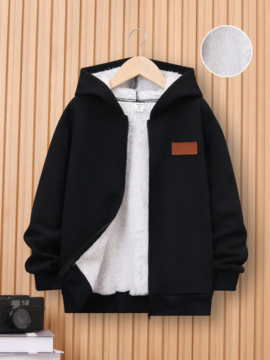 Tween Boy Letter Patched Thermal Lined Hooded Jacket