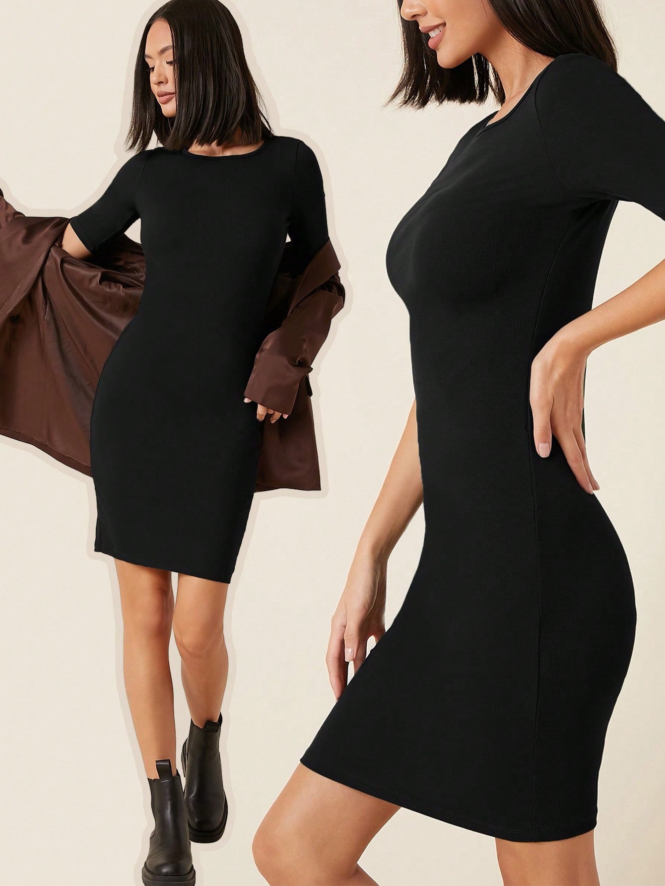 Solid Color Round Neck Knit Dress