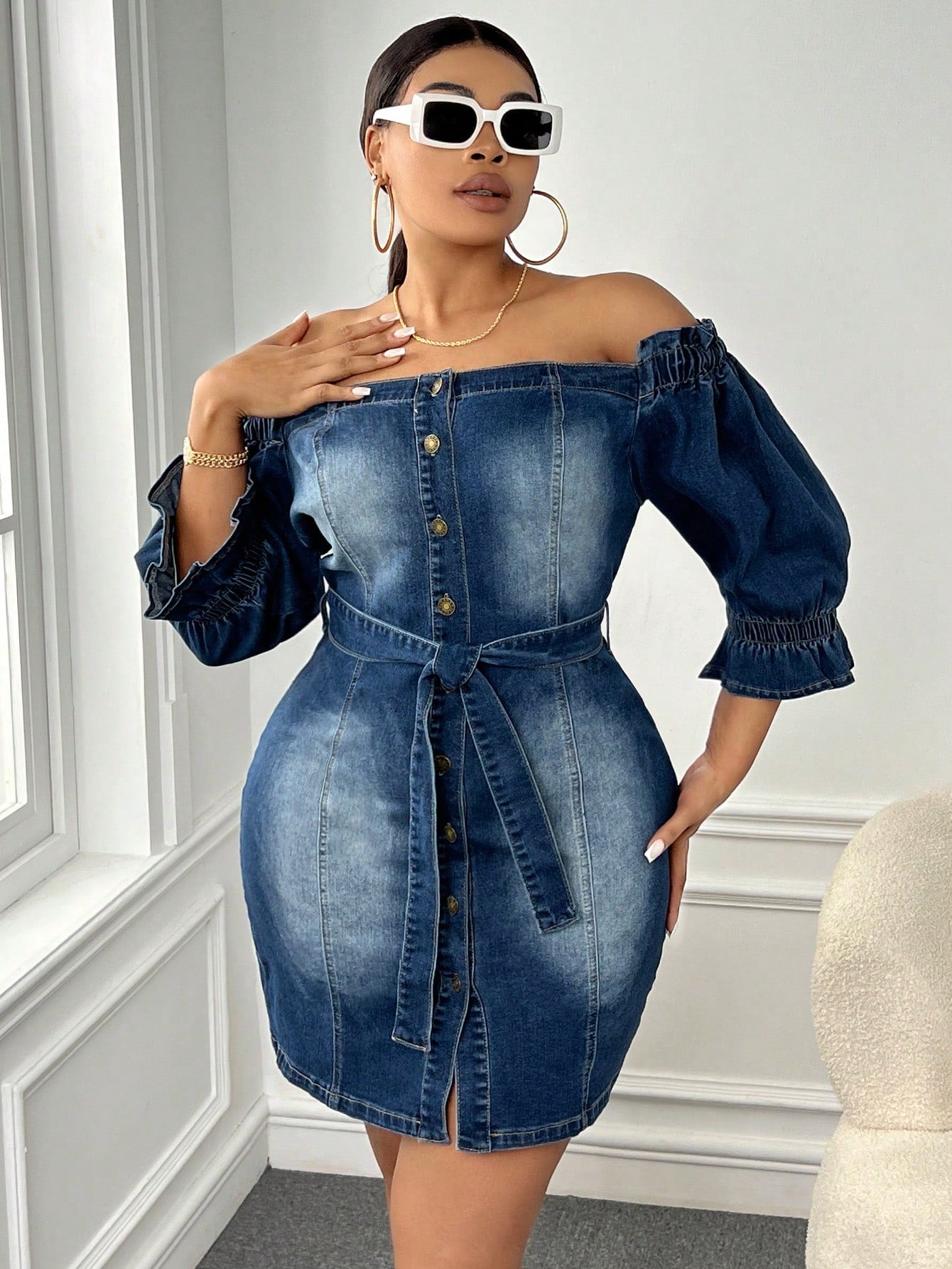 Plus Off Shoulder Flare Sleeve Belted Denim Dress