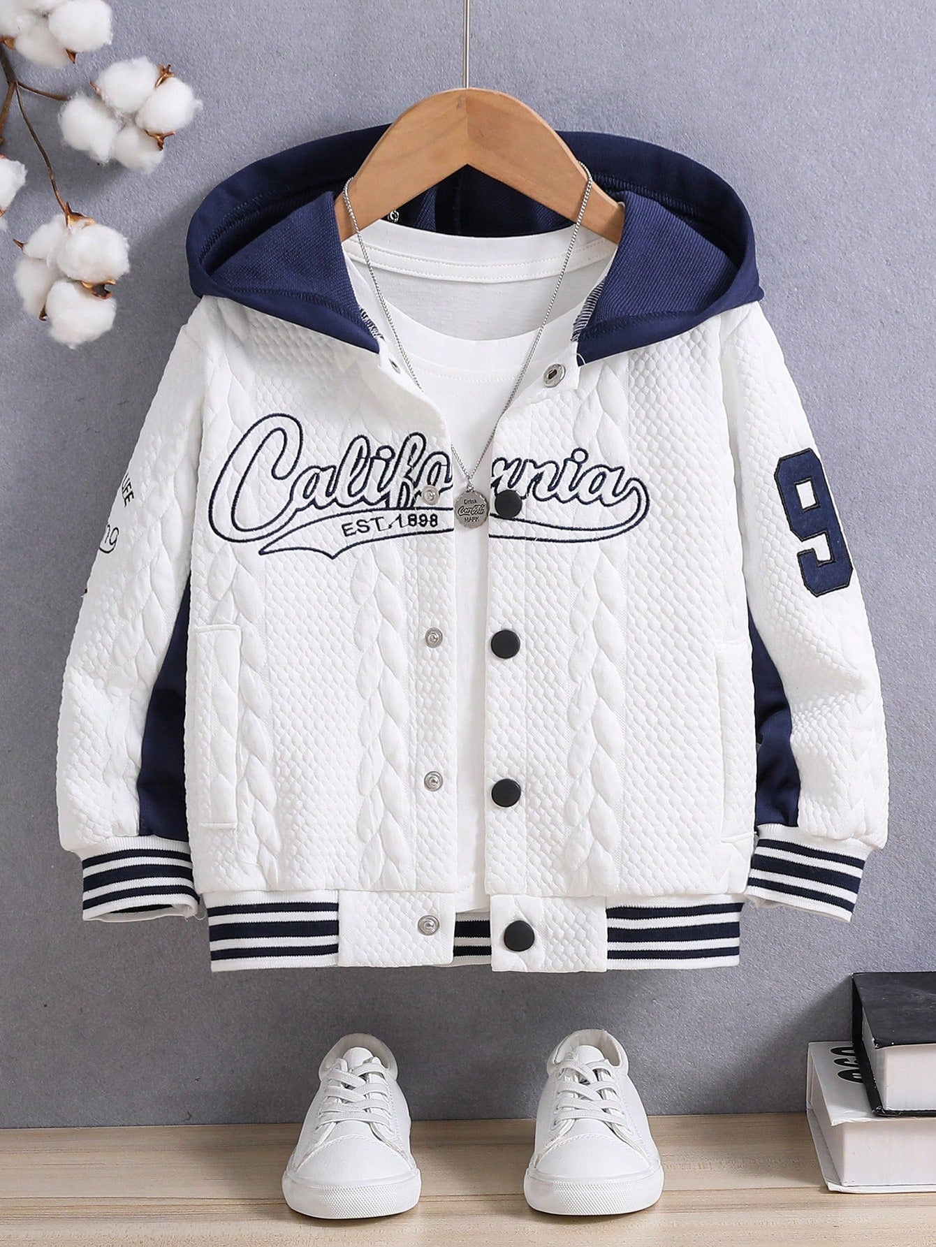 Young Boy Letter Graphic Striped Trim Hooded Jacket Without Tee