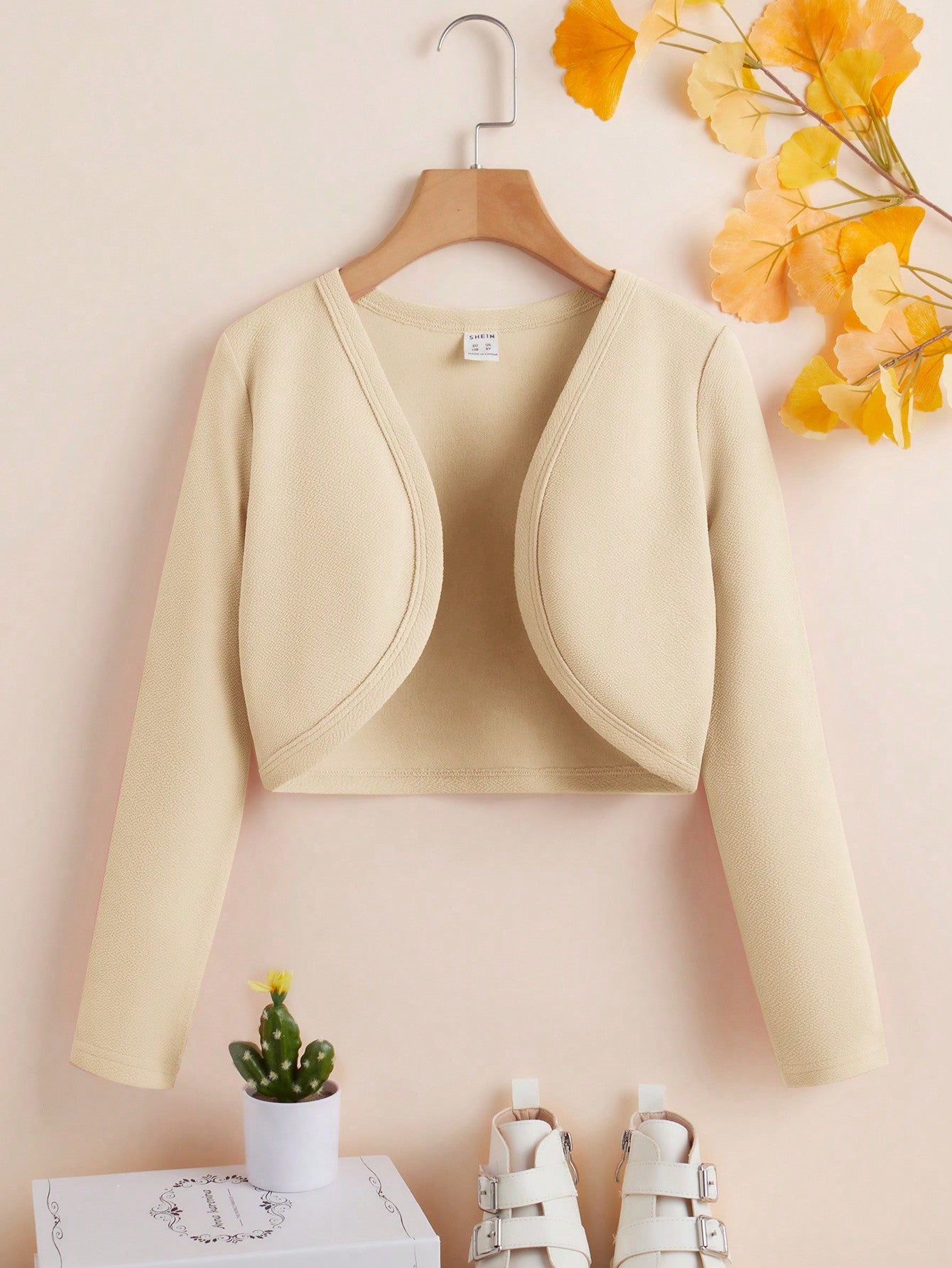 Tween Girl Solid Color Casual Shortened Long Sleeve Jacket With Lapel Collar, Suitable For Spring And Autumn