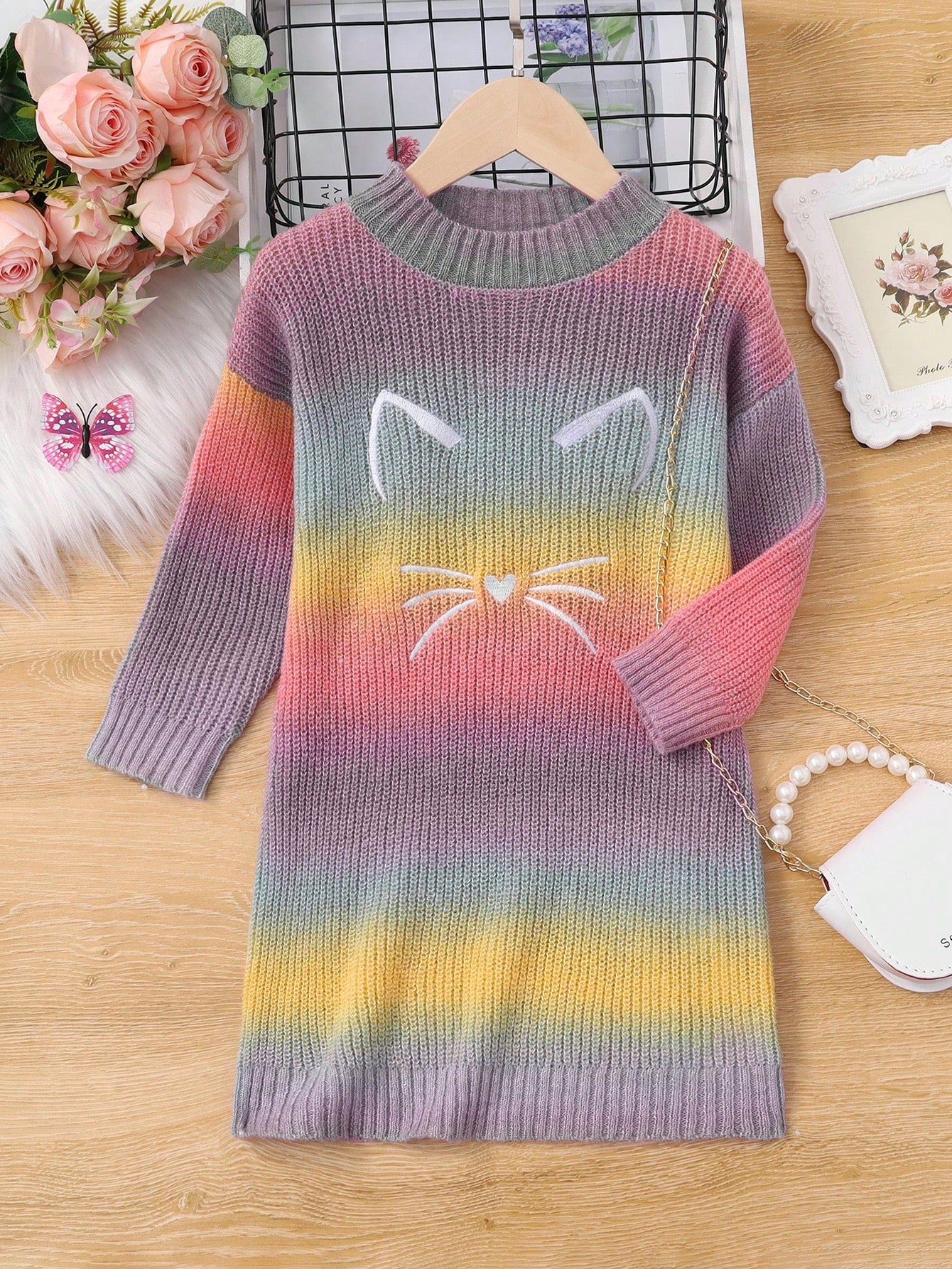 Young Girl Ombre & Cartoon Pattern Drop Shoulder Sweater Dress