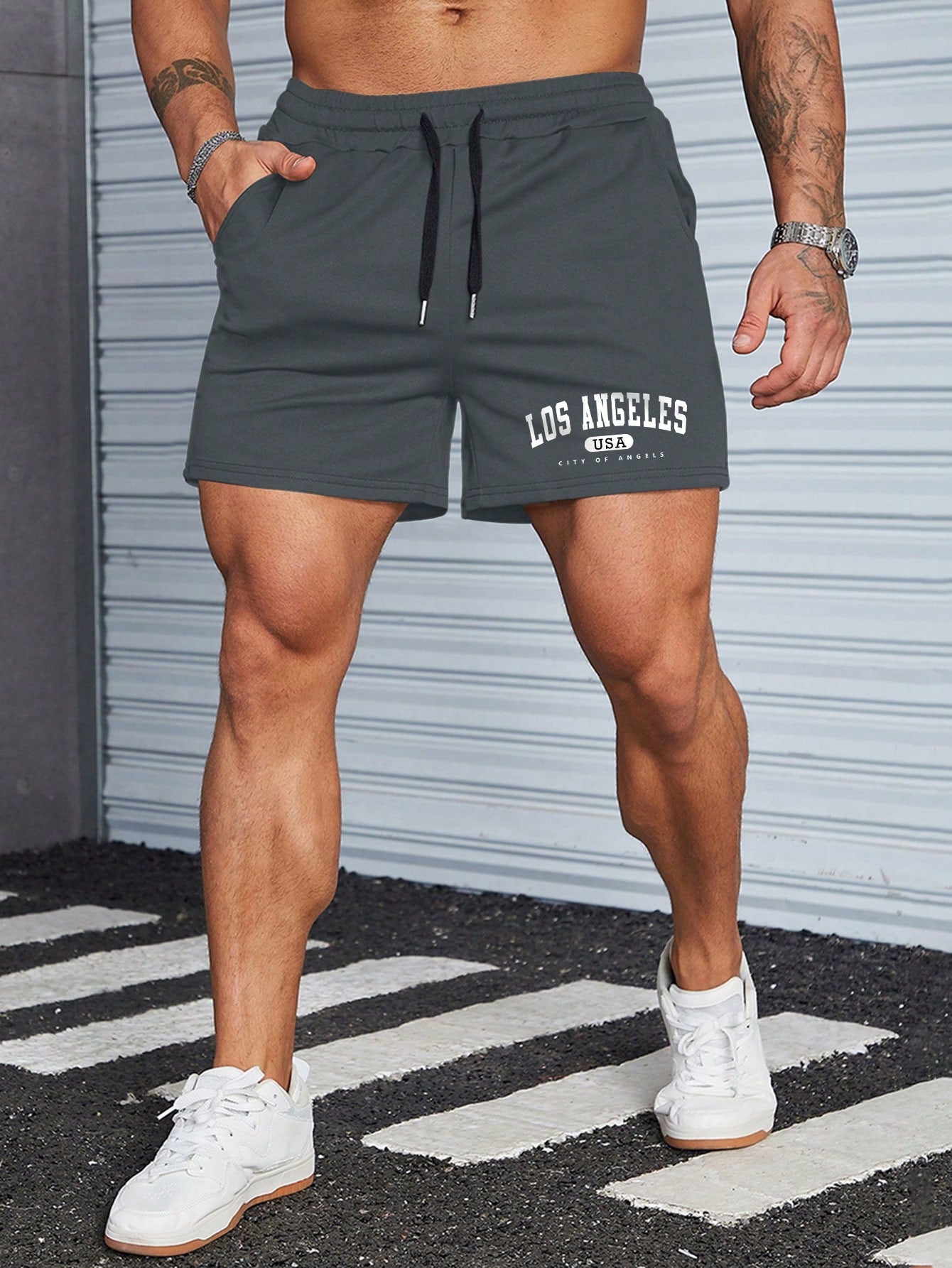 Men Letter Graphic Drawstring Waist Shorts Sweat Los Angeles Workout Dad And Me