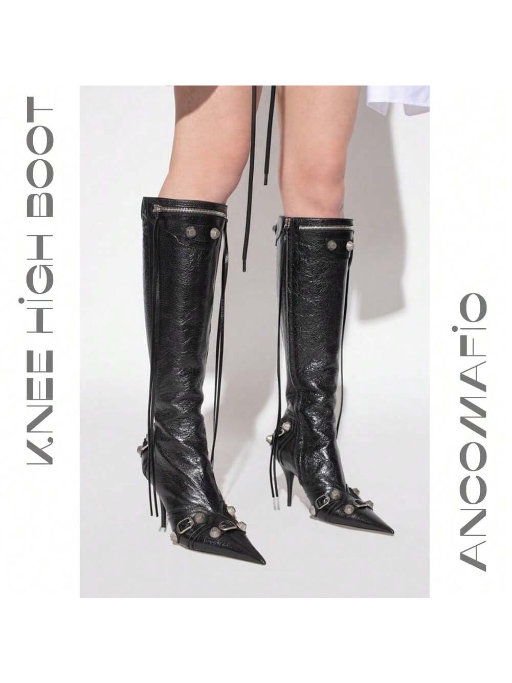 Women's Stiletto High Heel Knee High Boots With Tassel Pointy Toe Studded Zipper Booties Dress Shoes